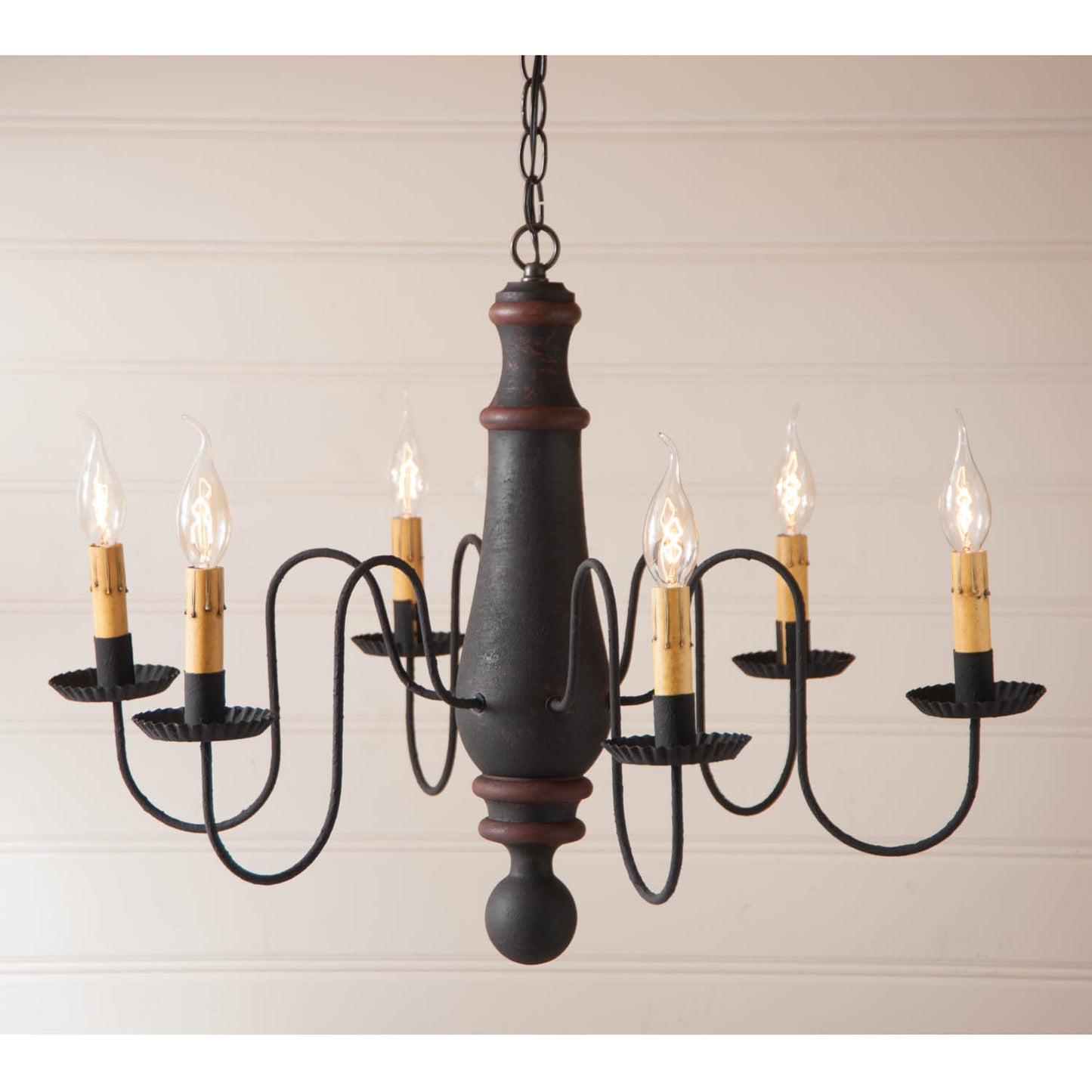 6-Arm Large Norfolk Wood Chandelier in Hartford Black with Red Stripe