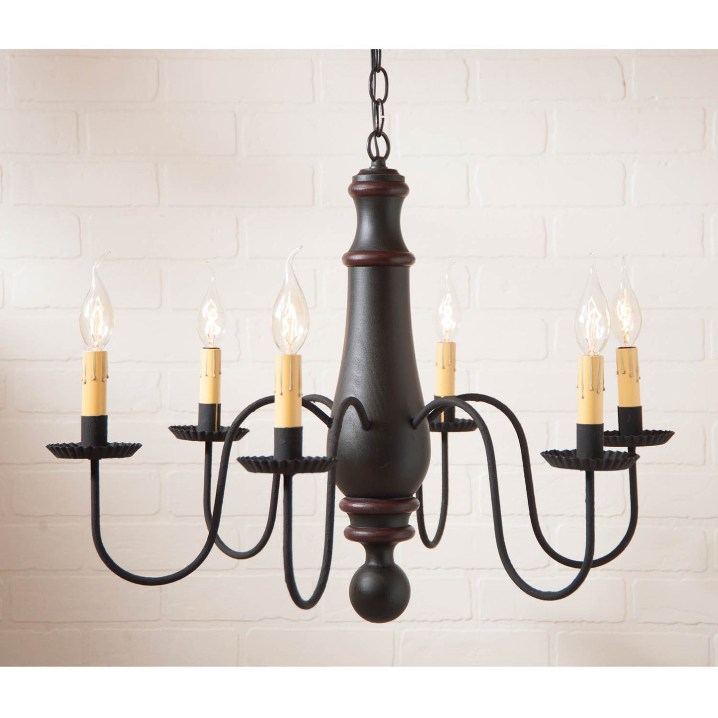 6-Arm Large Norfolk Wood Chandelier in Sturbridge Black with Sturbridge Red