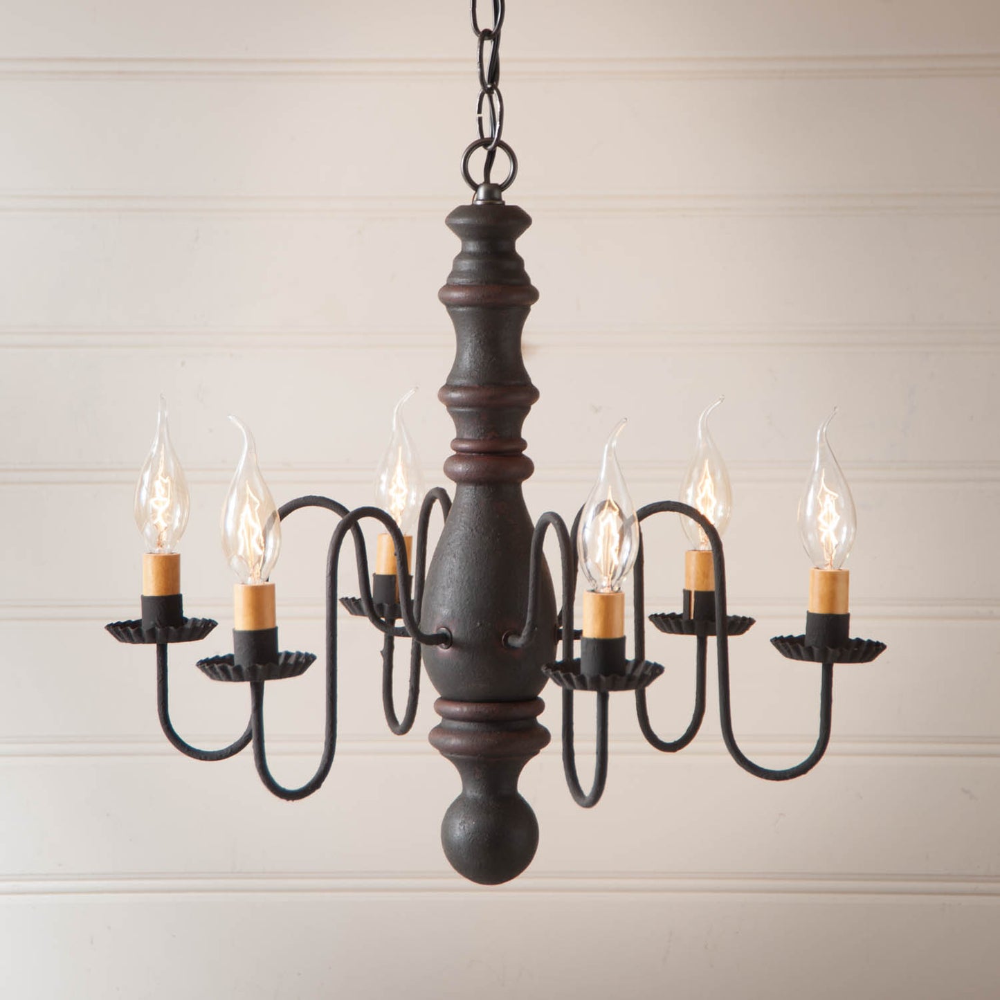6-Arm Manassas Wood Chandelier in Hartford Black with Red Stripe