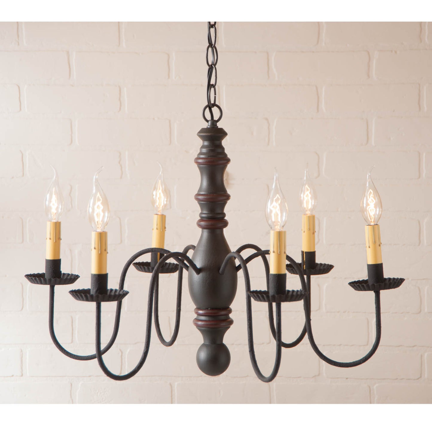 6-Arm Manassas Wood Chandelier in Sturbridge Black wtih Sturbridge Red
