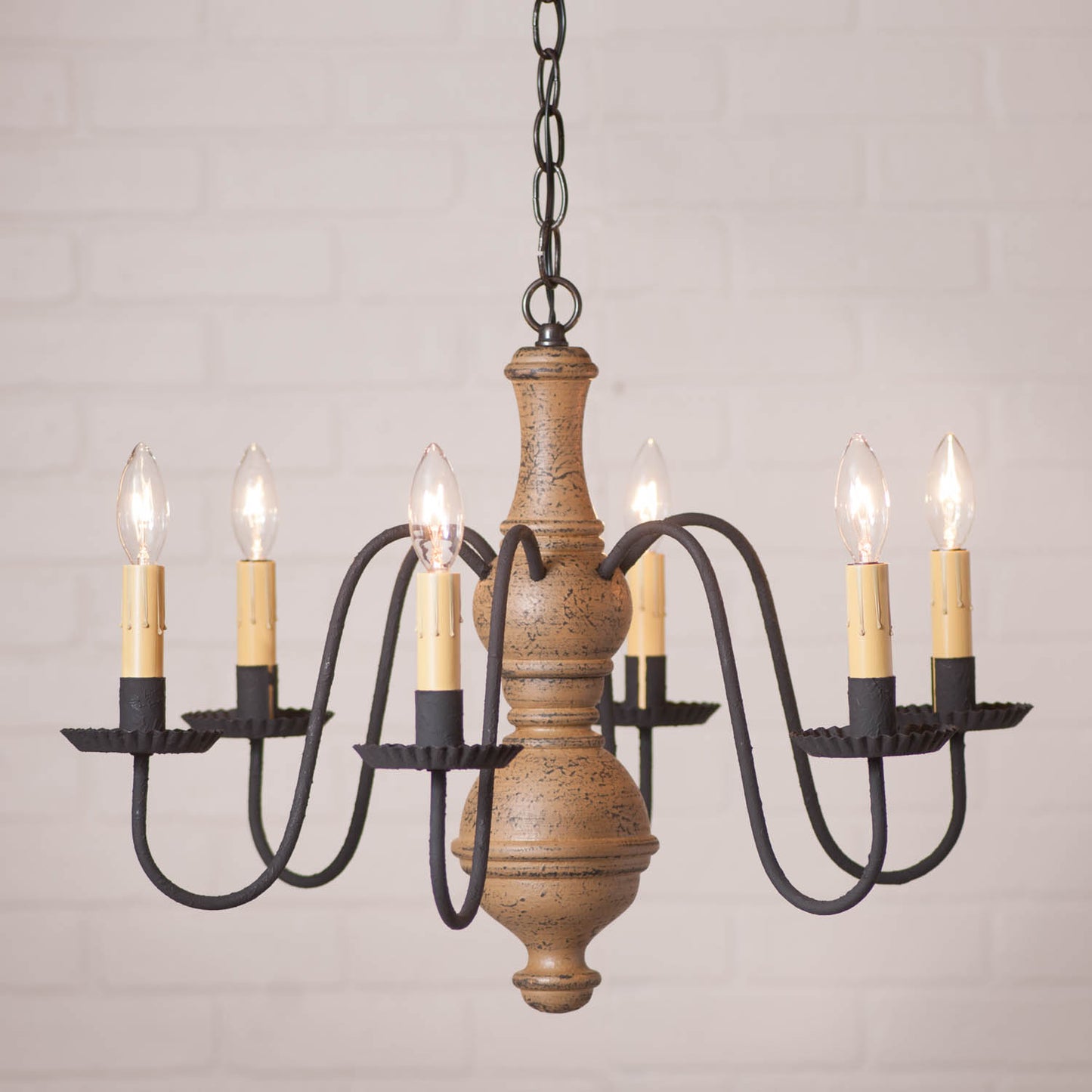 6-Arm Medium Chesterfield Wood Chandelier in Americana Pearwood