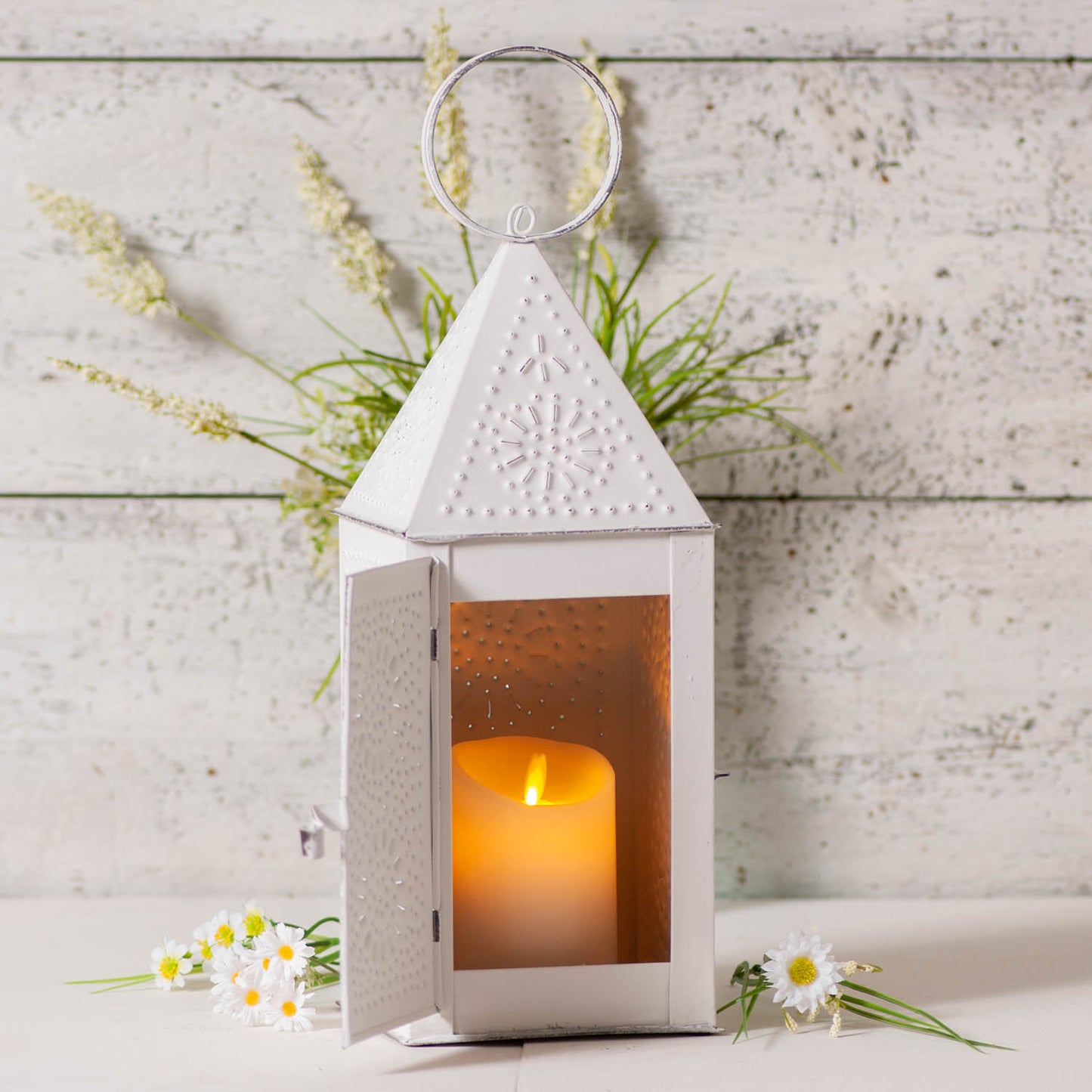 Square Lantern In Rustic White