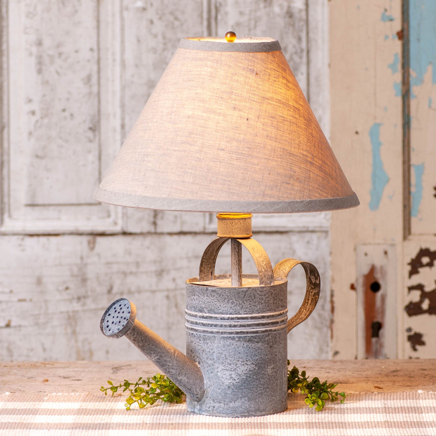 Watering Can Lamp in Weathered Zinc with Ivory Linen Shade