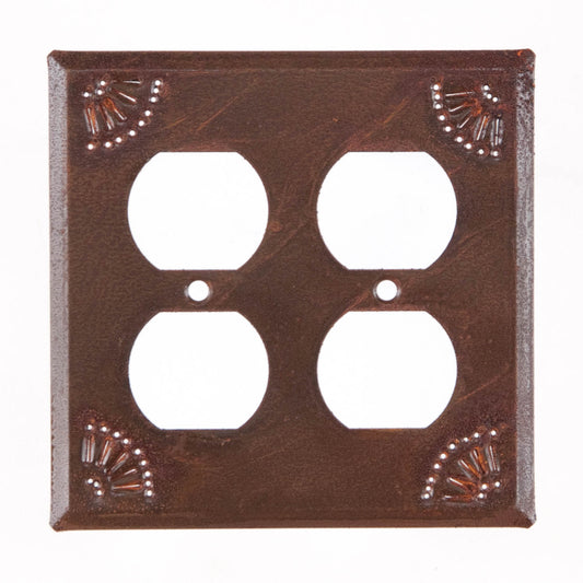 Double Outlet Cover with Chisel in Rustic Tin