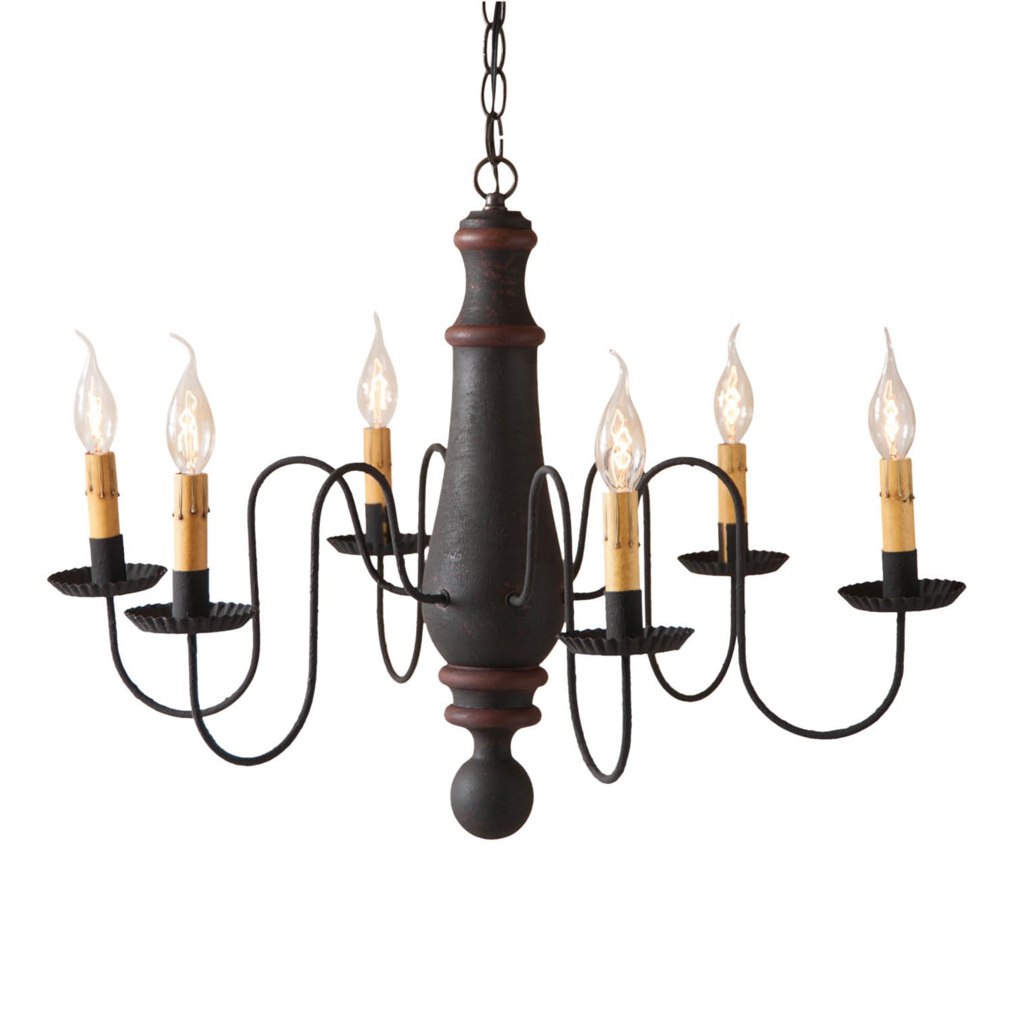 6-Arm Large Norfolk Wood Chandelier in Hartford Black with Red Stripe