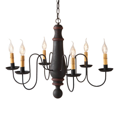 6-Arm Large Norfolk Wood Chandelier in Hartford Black with Red Stripe