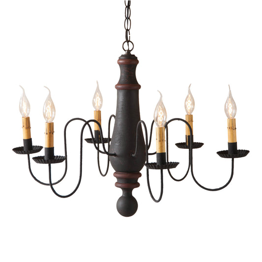 6-Arm Large Norfolk Wood Chandelier in Hartford Black with Red Stripe