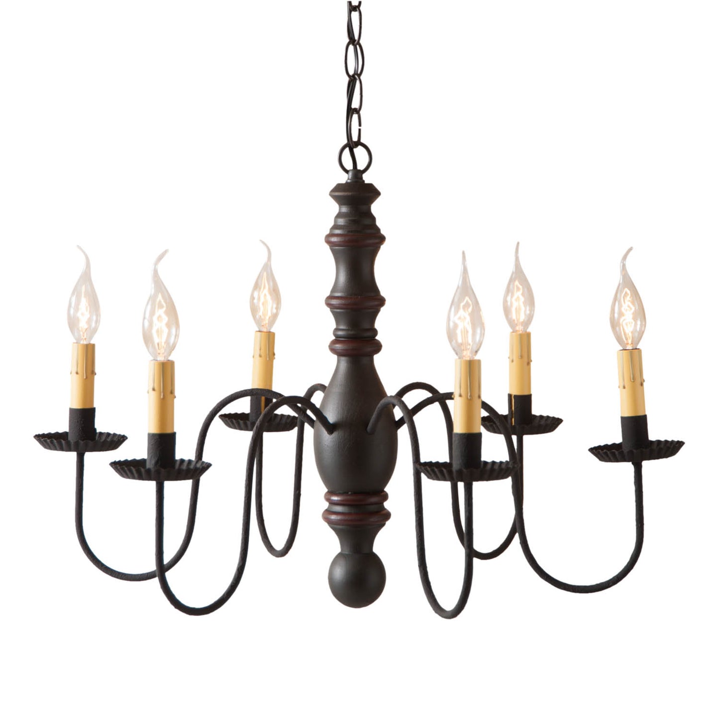6-Arm Manassas Wood Chandelier in Sturbridge Black wtih Sturbridge Red