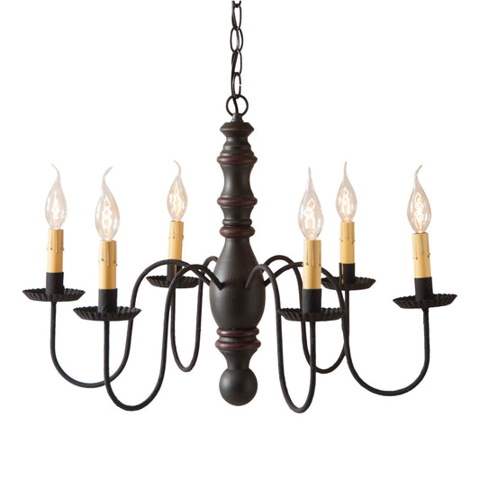 6-Arm Manassas Wood Chandelier in Sturbridge Black wtih Sturbridge Red