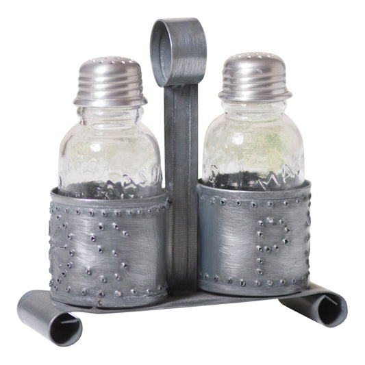 Salt and Pepper Shaker Holder in Antique Tin